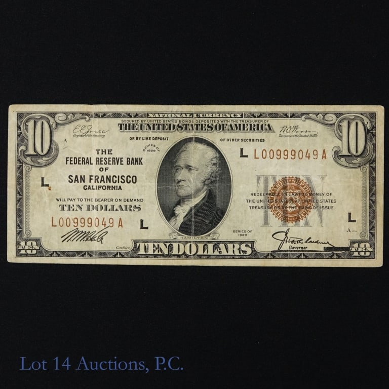 1929 USA $10 Fed Resv Bank Note Brown Seal - EF+: (F-1860L) series 1929 United States $5 Federal Reserve Bank note - brown seal (San Francisco) s/n L-00999049-A (four 9s, three 0s). Per consigner, grades Choice EF. Printed 1,080,000. Greysheet estima