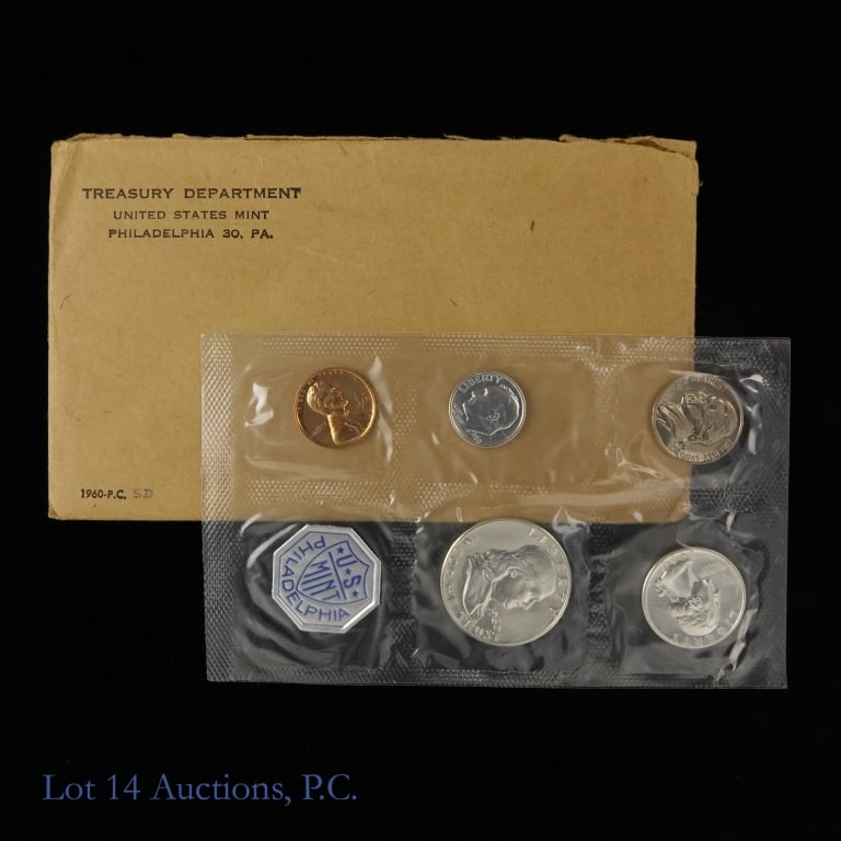 1960 USA Silver 5-Coin Proof Set - Small Date: 1960 United States silver 5-coin proof set (Philadelphia Mint) in OGP, small date variety. Half dollar, quarter and dime metal is 90% silver. Mintage is 1,691,602. *** Lot 14 Auctions is not a profess
