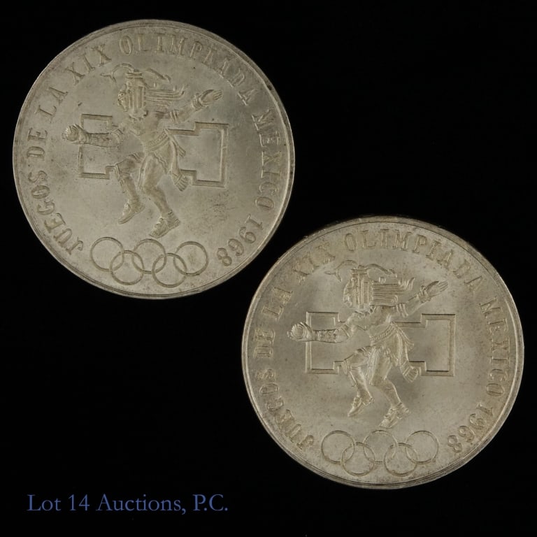 1968 Mexico Silver Olympic 25 Pesos (CH BU) -2: Two (2) 1968 -Mo Mexico silver Olympic 25 pesos coins (Mexican Mint). Commemorates the 19th Summer Olympics in Mexico. Per consigner, in CH BU condition with original surfaces. Metal is 72% silver wei