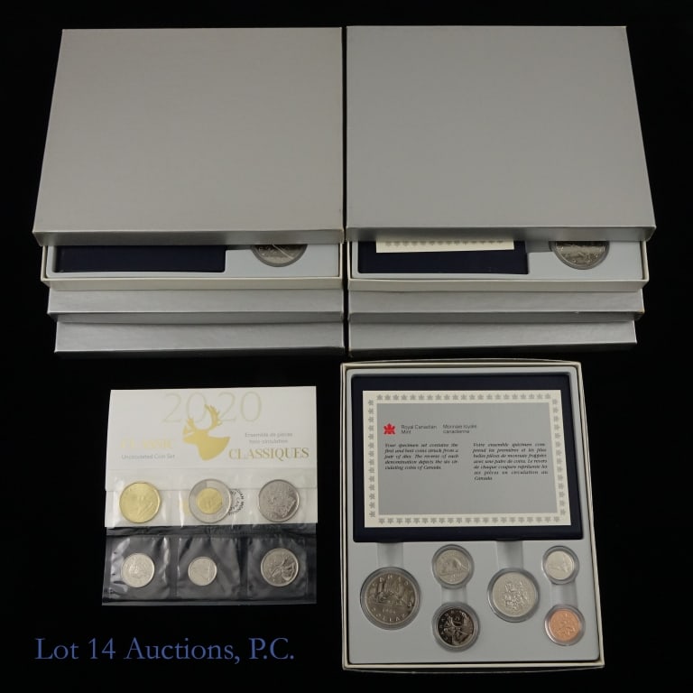 1981 - 2020 Canada 6-Coin Specimen Sets (8): Eight (8) Canada 6-coin specimen sets (Royal Canadian Mint) in OGP with COA and grey box as follows: ---1981, ---1982; ---1983; ---1984; ---1985; ---1986; ---1987; and ---2020. *** Lot 14 Auctions is 