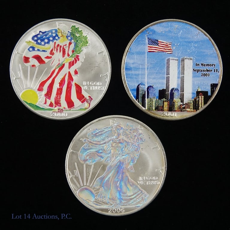 American 99.9% Silver Eagles $1 Bullion Coins -3: Three (3) United States (privately colorized) silver eagle dollar bullion coins (West Point Mint). Metal is .999 fine silver and weighs 31.10 grams (one troy ounce) each coin as follows: ---2000 (W); 