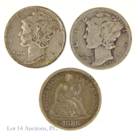 1886 - 1939 USA L/S & Mercury Silver Dimes (3)