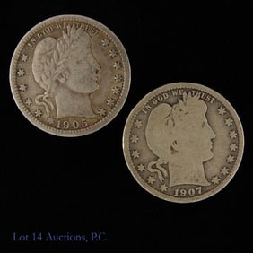 1905 - 1907 USA 90%-Silver Barber Quarters (2)