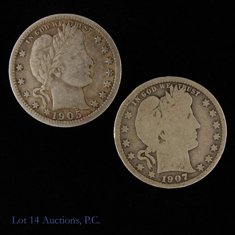 1905 - 1907 USA 90%-Silver Barber Quarters (2): Two (2) United States silver Barber quarters (Philadelphia, San Francisco Mints). Designer Charles E. Barber. Metal is 90% silver and weighs 6.25 grams each. Details with consigner grades, mintages an