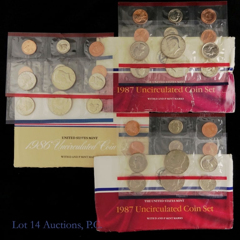 1986 & 1987 P, D U.S. Mint BU 10-Coin Sets (3): Three (3) United States Mint uncirculated 10-coin sets (Philadelphia, Denver Mints) as follows: ---1986 P, D 10-coin mint set with mintage of 1,153,536 (1); and ---1987 P, D 10-coin mint set with mint