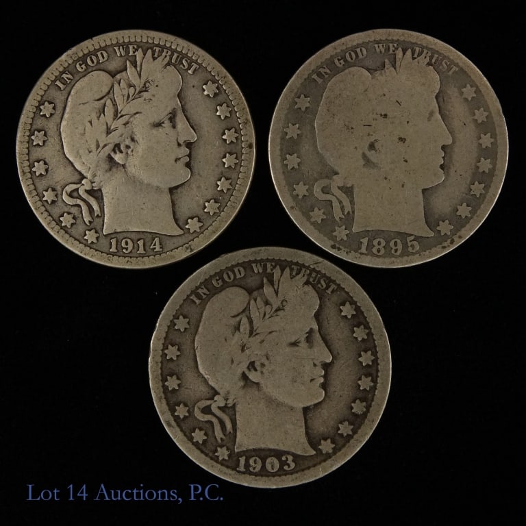 1895 - 1914 USA 90%-Silver Barber Quarters (3): Three (3) United States silver Barber quarters (Philadelphia, New Orleans Mints). Designer Charles E. Barber. Per consigner, VG grade with fill rims. Metal is 90% silver and weighs 6.25 grams each. De