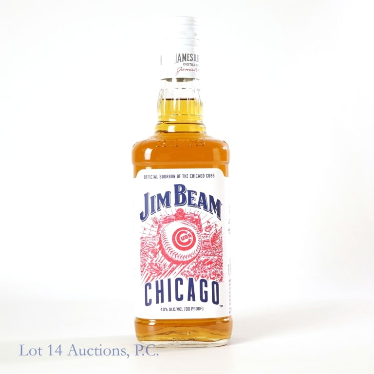 Jim Beam Chicago Cubs Bourbon: Jim Beam Chicago Cubs Bourbon, 80 Proof, 750 ml. Slight nick on lower right of label.