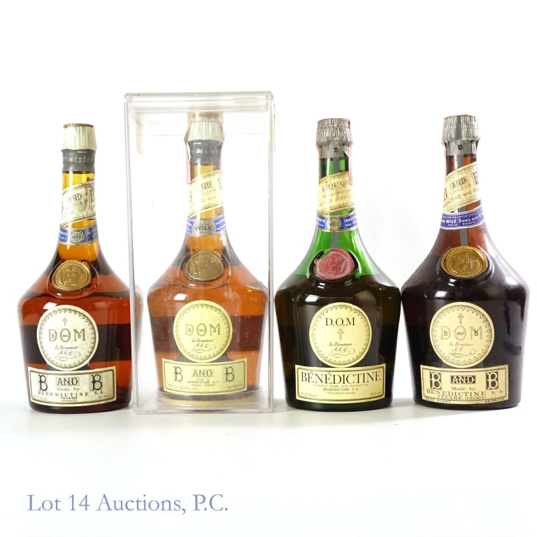 Benedictine (1) & B and B (3) Liqueurs (4): 4 bottles: 1 bottle of D.O.M. Benedictine liqueur. 86 proof. 23/32 quart. Series 112 Internal Revenue tax strip (1961 - 1977). Some damage to wax seal. ***** 3 bottles of D.O.M. B and B (benedictine &