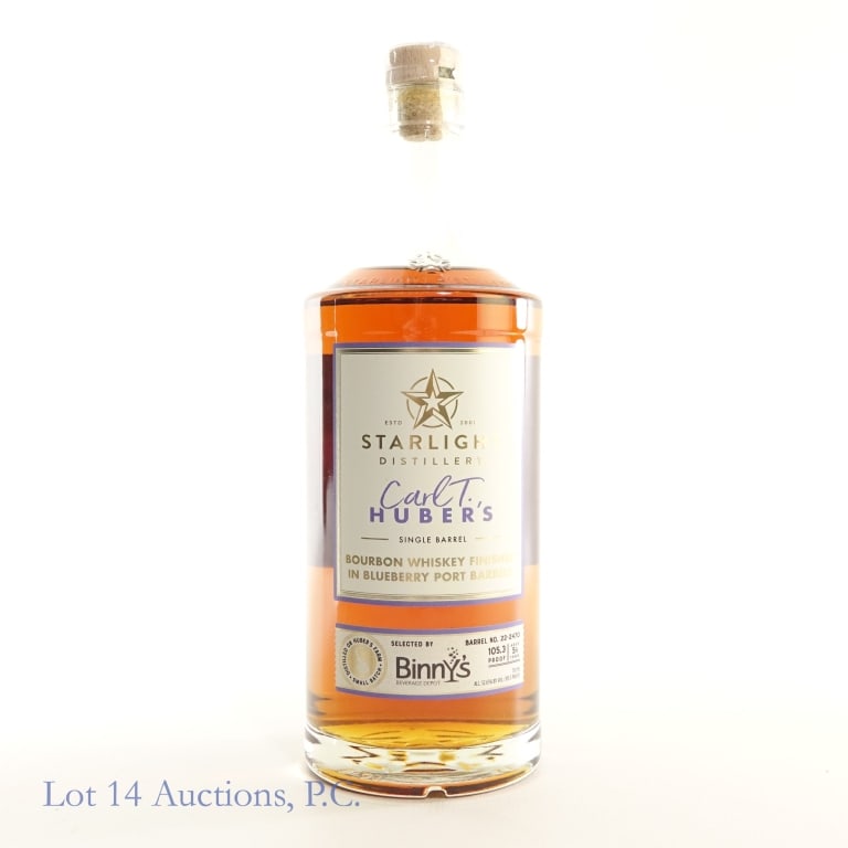 Starlight Distiller Carl T. SB Bourbon Store Pick: Carl T. Huber's Single Barrel Small Batch Bourbon Whiskey Finished in Rum Barrels. Aged 5 1/2 years. Barrel No. 22 - 2470750 ml. 109.8 Proof. Selected by Binny's. 40