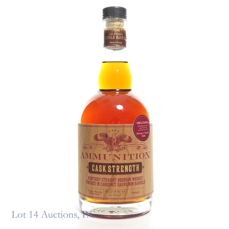 Ammunition Cask Strength Bourbon SB Pick: Ammunition Cask Strength Single Barrel Selection Bourbon Whiskey. Handpicked and bottled for Kenny's Liquor NSB. 115 Proof, 750 ml. Finished in Cabernet Sauvignon Barrels.
