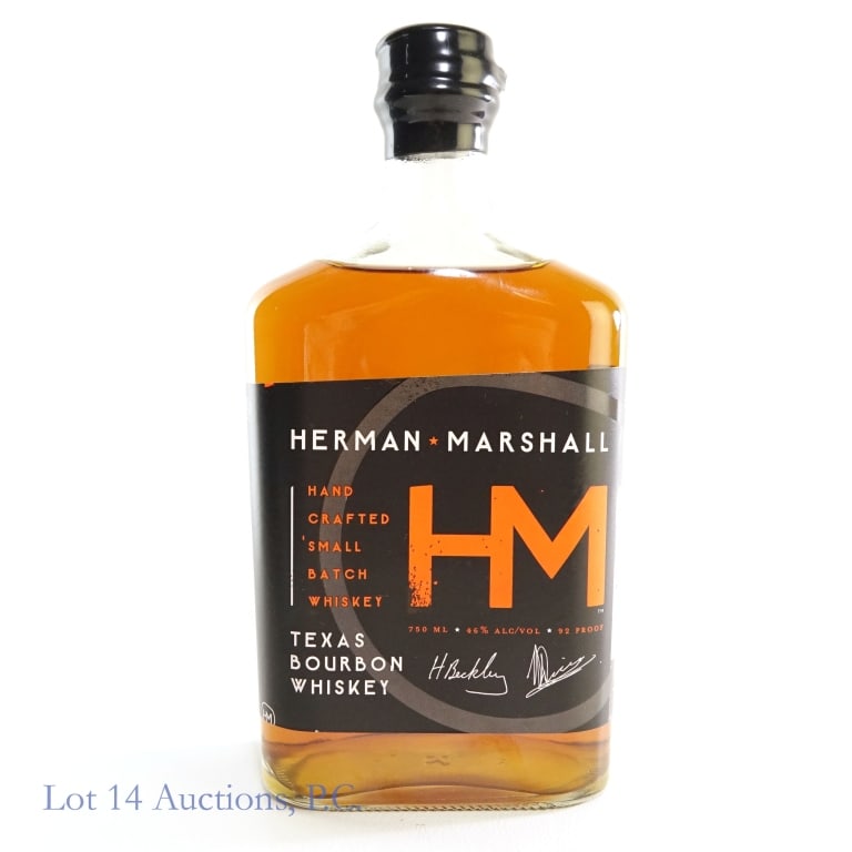 Herman Marshall Small Batch Texas Bourbon: Herman Marshall Small Batch Texas Bourbon Whiskey. 92 proof, 750 ml. Some label damage on back.