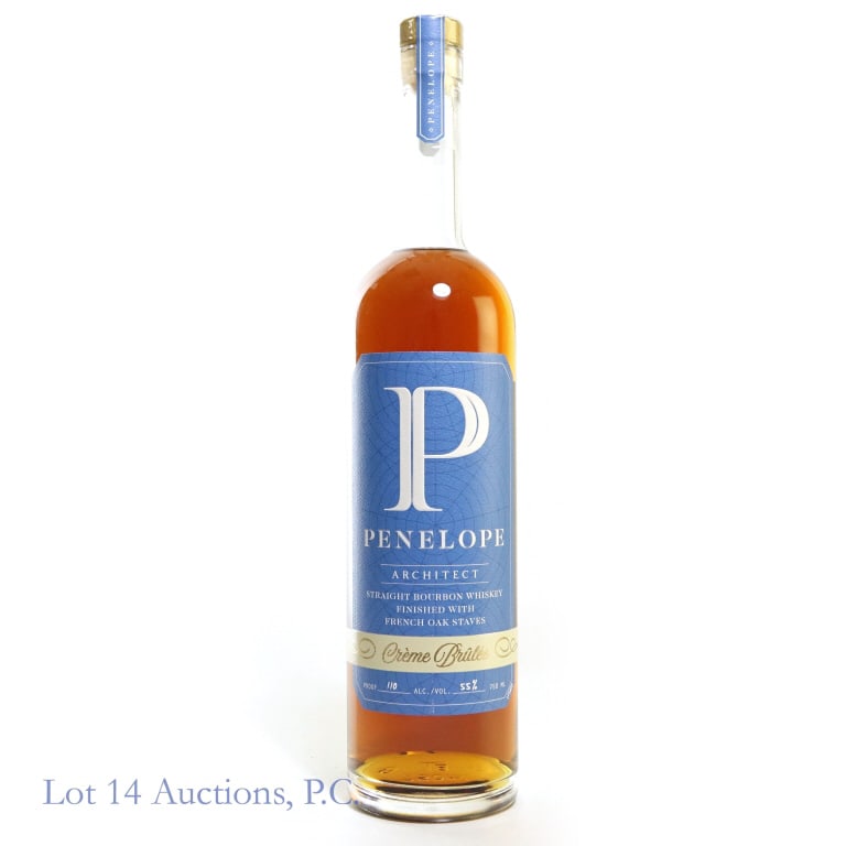 Penelope Architect Series: Creme Brulee Bourbon: Penelope Architect Creme Brulee Straight Bourbon Whiskey finished with French Oak Staves. 110 Proof, 750 ml. Aged 5 years, Complex Stave.