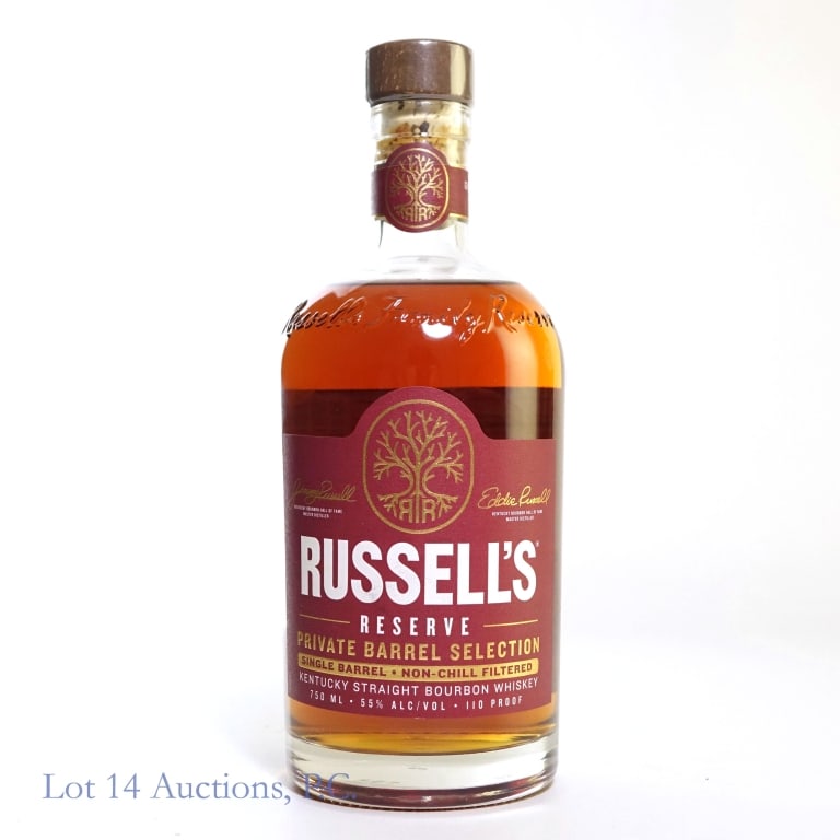 Russell's Reserve 8 Year SB Bourbon Store Pick: Russell's Reserve 8 Year Single Barrel Private Barrell Selection Bourbon, 110 Proof, 750 ml, Distilled: 11 - 10 - 14, Dumped: 08 / 28 / 2023, Bottled: 09 - 12 - 2023, Warehouse #TY - K, Floor 4, Barre