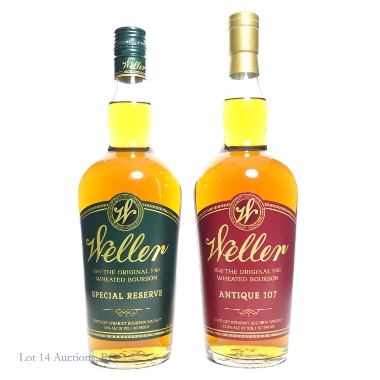 Weller Antique 107 & Special Reserve Bourbon (2): Two bottles of Weller brand bourbon. The first is a 2025 Special Reserve, 750ml, 45% ABV. Very good condition. The second is an Antique 107 from 2023. 750ml, 53.5% ABV. Light scratching on label, othe