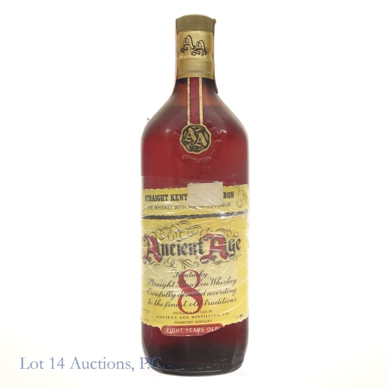 40s-50s Ancient Age 8 Year Bourbon: Ancient Age 8 Year Bourbon, 86 Proof, 4/5 quart. Tax strip dates to between 1944-1960 and is in very good condition. Label is completely unstuck from the bottle, currently being held in place with pla
