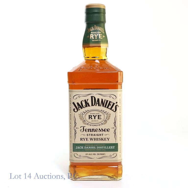 Jack Daniel's Tenn. Rye Whiskey: One bottle of Jack Daniel's Tennessee straight rye whiskey. 45% ABV (90 proof). 750 ml.