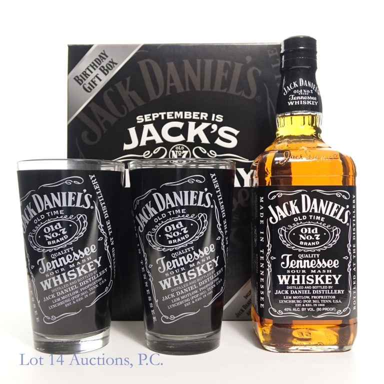 Jack Daniel's Jack's Birthday Gift Box Set: Jack Daniel's Tennessee Whiskey, 80 Proof, 750 ml. Gift set, commemorating Mr. Jack's Birthday includes one of three gifts (Shaker / Coasters / Glass). Some peeling of the back and labels on the bottl