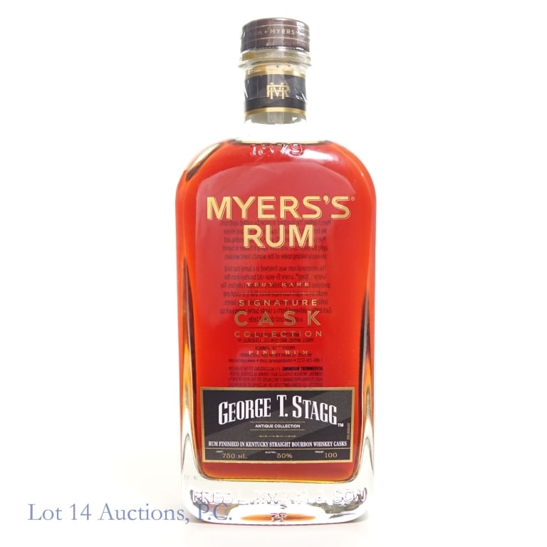 Myers's Signature Cask George T. Stagg Rum (2025): 2025 Myers's Signature Cask Collection Antique George T. Stagg Collection Rum finished in Kentucky Straight Bourbon Whiskey Casks. 750ml, 100 proof.
