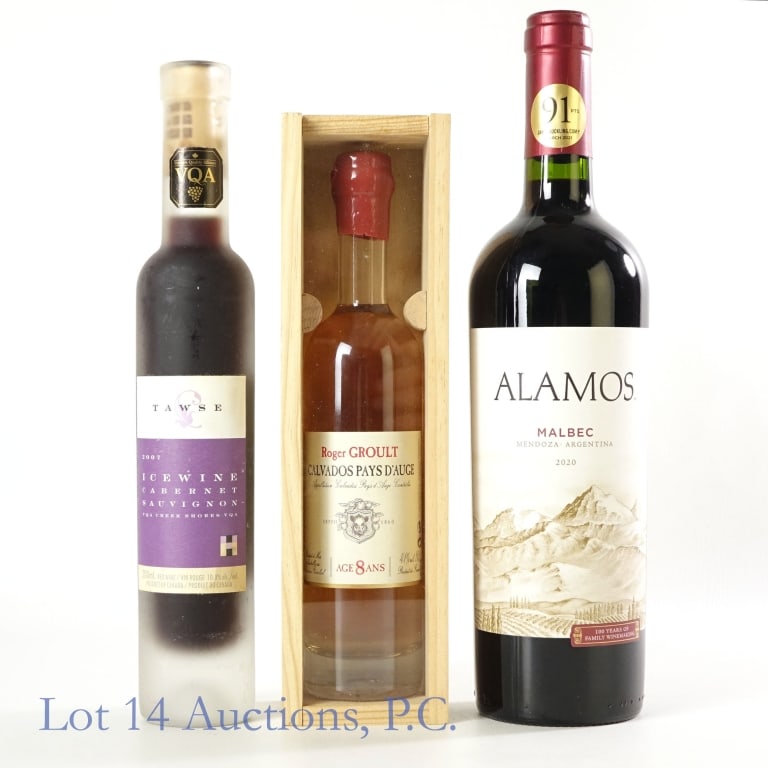 Dessert Wines Lot - Alamos, Tawse, Groult: Lot of three dessert wines. The first is a 2020 Alamos Malbec from Mendoza, Argentina. 750 ml, 13.5% ABV. The second is a 2007 Tawse Cabernet Sauvignon ice wine from Canada. 200ml, 10.8% ABV. The thir