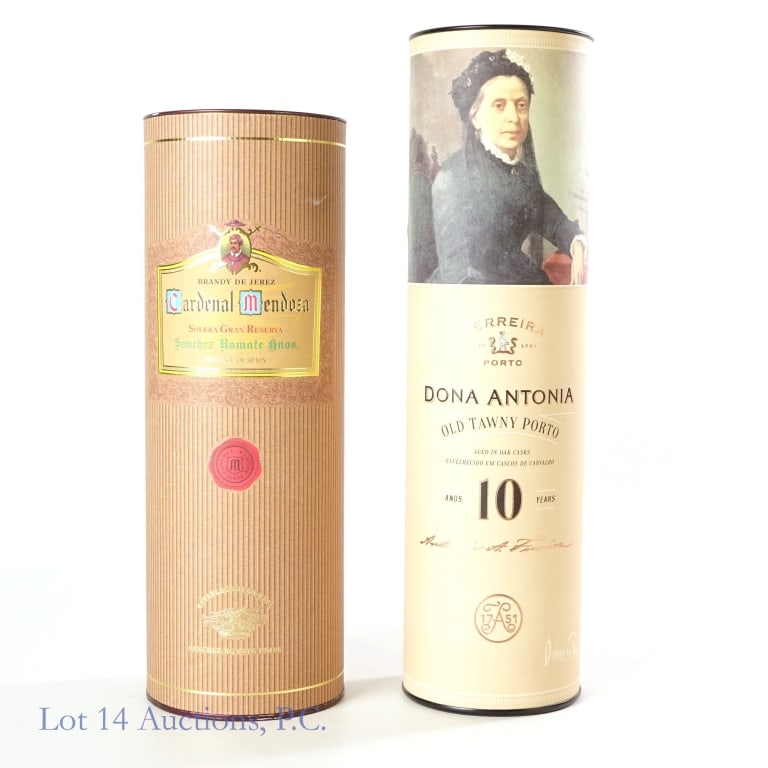 Sweet Wine and Brandy: Lot of 2. First is a 2019 Portuguese wine from Ferreira: Dona Antonia 10 Years Tawny Port. 750ml, 20% ABV. Second is a Spanish Brandy de Jerez from Cardenal Mendoza, Solera Gran Reserva, 700ml, 40% AB