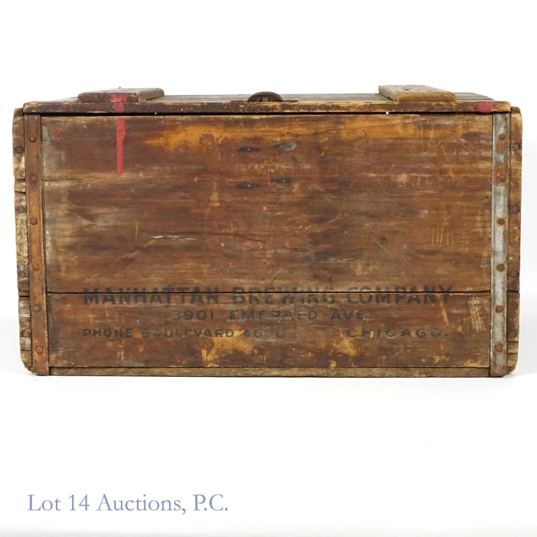 Manhattan Brewing Co. Lidded Crate, Al Capone: Manhattan Brewing Co. Lidded Crate, Al Capone. LOCAL PICK UP OR THIRD PARTY SHIPPING ONLY. 19" x 12" x 11" wood crate with lid and latch from Manhattan Brewing Company, 3901 Emerald Ave., Chicago Il.