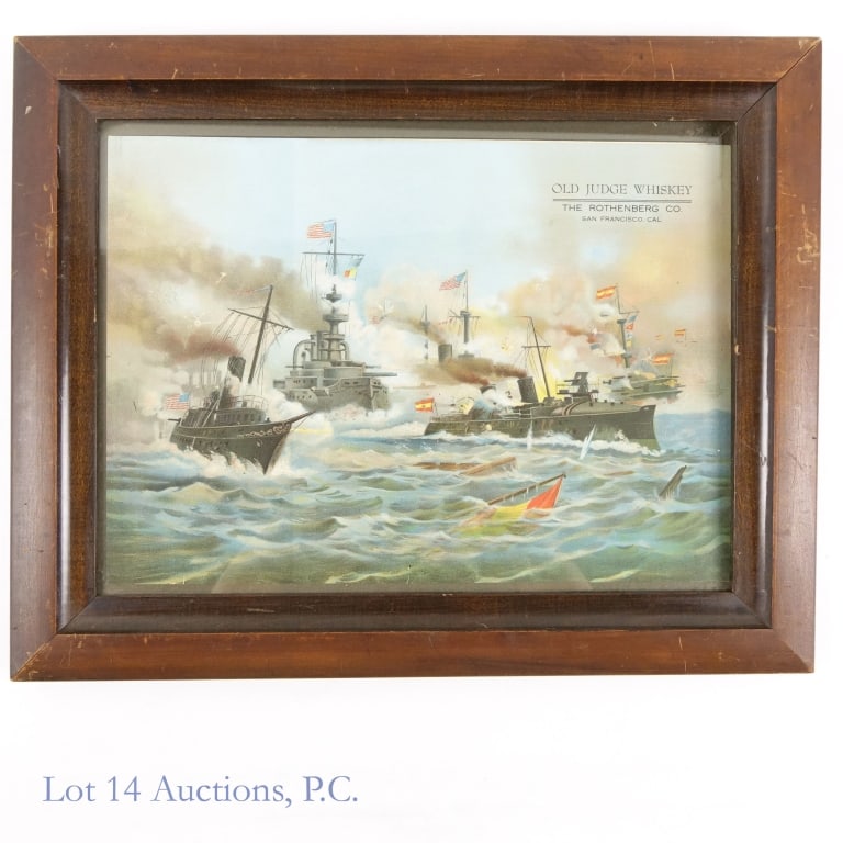 Old Judge Whiskey Paper Sign, Framed: Old Judge Whiskey Paper Sign, Framed. An 11" x 15" wood framed paper sign for Old Judge Whiskey featuring The Battle of Manila Bay. Top right of advertisement "Old Judge Whiskey The Rothenberg Co. San