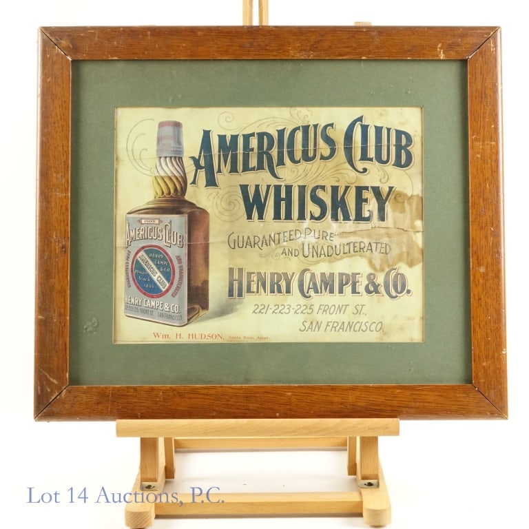 Americus Club Whiskey Ad, Pre-Prohibition: Americus Club Whiskey Ad, Pre-Prohibition. Framed advertisement for Americus Club Whiskey, Henry Campe & Co. circa early 1900's. Visible print - 12.5" x 9.5". Frame - 19.5" x 16.5". Advertisement show