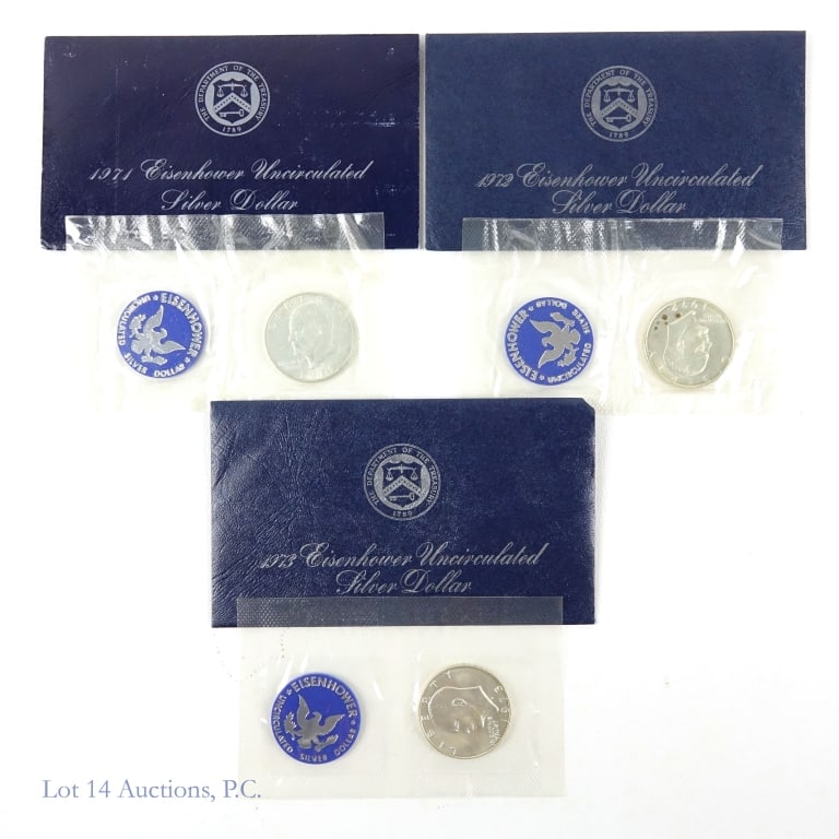 1971s - 1973s USA Silver Unc. Ike $1s Blue OGP -3: Three (3) United States silver uncirculated Eisenhower dollars (San Francisco Mint) in blue OGP. Designer is Frank Gasparro. Design honors both President Eisenhower and NASA Apollo 11 space mission's