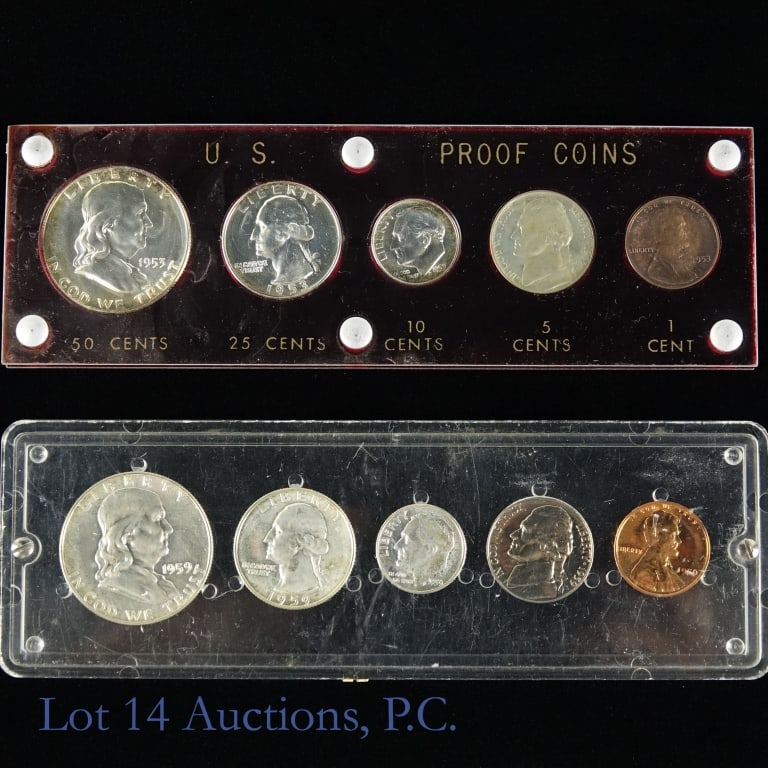1953 & 1959 USA 90%-Silver Proof 5-Coin Sets (2): Two (2) United States annual proof sets (Philadelphia Mint) in plastic holders. Franklin half dollars, Washington quarters and Roosevelt dimes' metal is 90%-silver. Details as follows: ---1953 silver