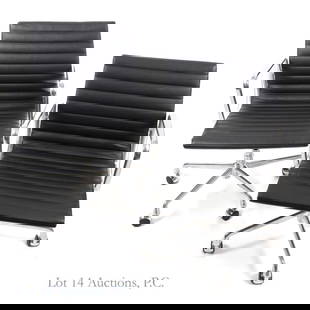 Eames Alum. Group Management Desk Chairs (2): Two mid-Century Modern aluminum group management desk chairs - originally designed by Charles & Ray Eames in 1958. Based on tags beneath the seat, we believe these chairs were manufactured on or just