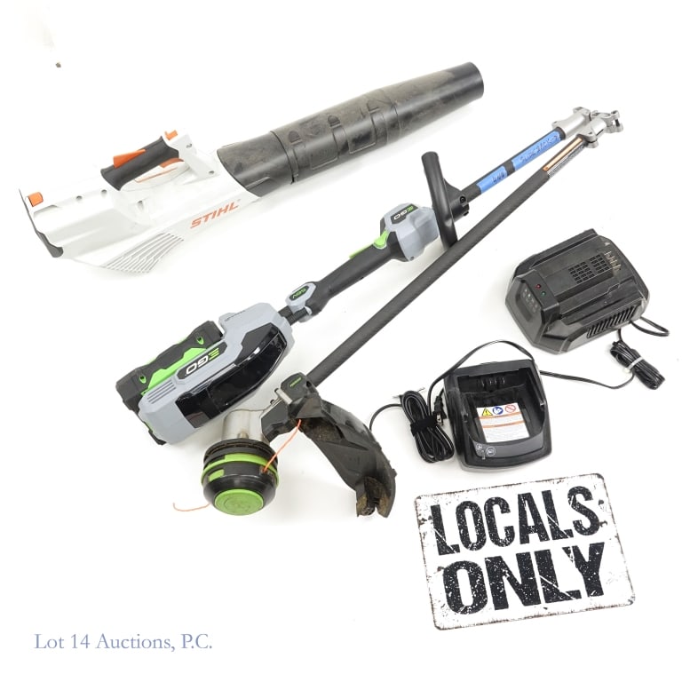 Stihl Blower, Ego String Trimmer LOCAL ONLY: Stihl Blower, Ego String Trimmer LOCAL ONLY. LOCAL PICK UP ONLY. A Stihl BGA 56 Blower and a Ego Power+ String Trimmer. Both items tested and working. Batteries and chargers included. Light wear and t