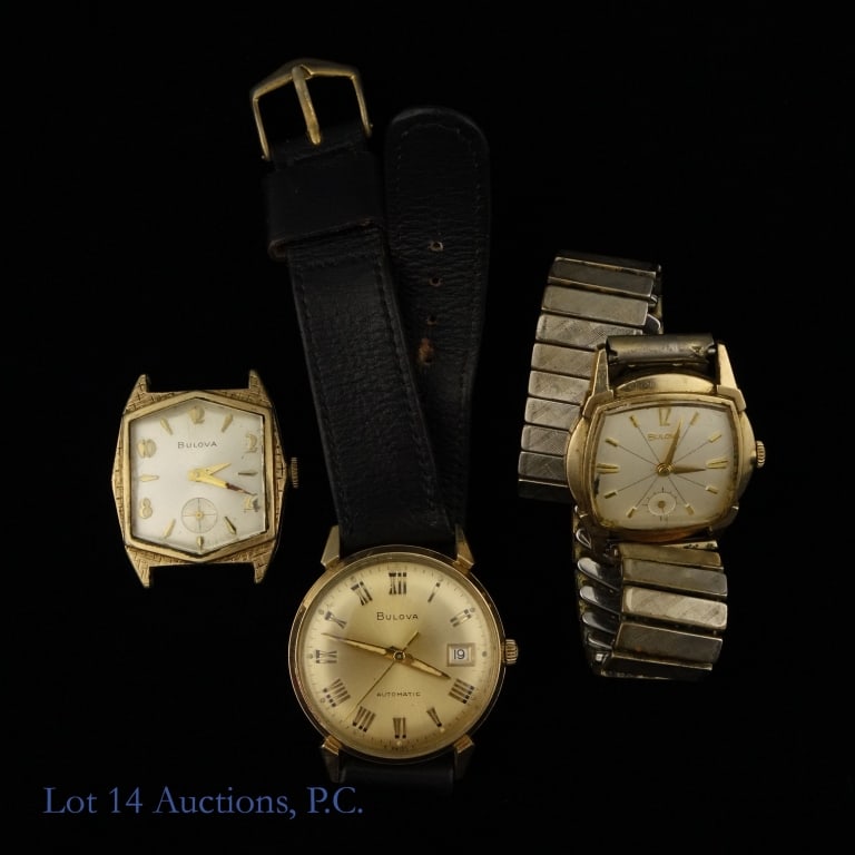 Lot of 3 Vintage Bulova Watches: Three watches from Bulova. Two of them are in the "Senator" style from the 1950s, one a rounded square, the other hexagonal. Both are 10k RGP. One does not have a band, the other has a broken band. Th
