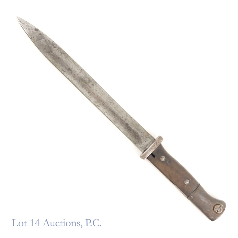 1936 German Model K98 Bayonet: Germany - model K98 bayonet. Blade: 10". Overall length: 15". Press stud moves easily. One side of the ricasso is stamped "S/155" (for E&F Horster). Other side of the ricasso stamped "7599 (the same n
