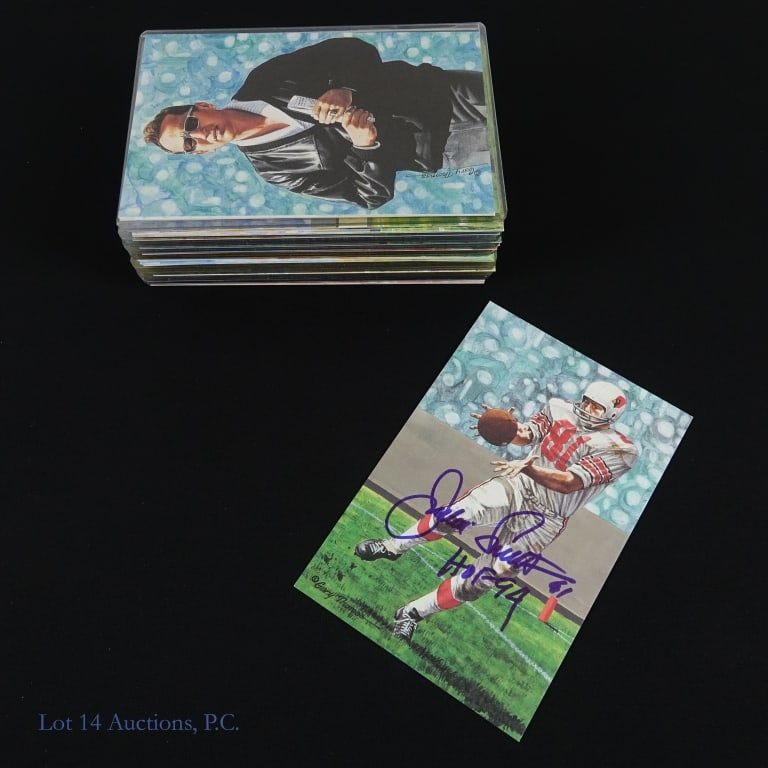 Football HoF Art Series Postcards (48 - 21 Signed): This lot is sold "as is" with no guarantees or COAs. Collection of 48 unique cards from the Goal Line Art Pro Football Hall of Fame Art Series of postcards, featuring the art of Gary Thomas. The earli