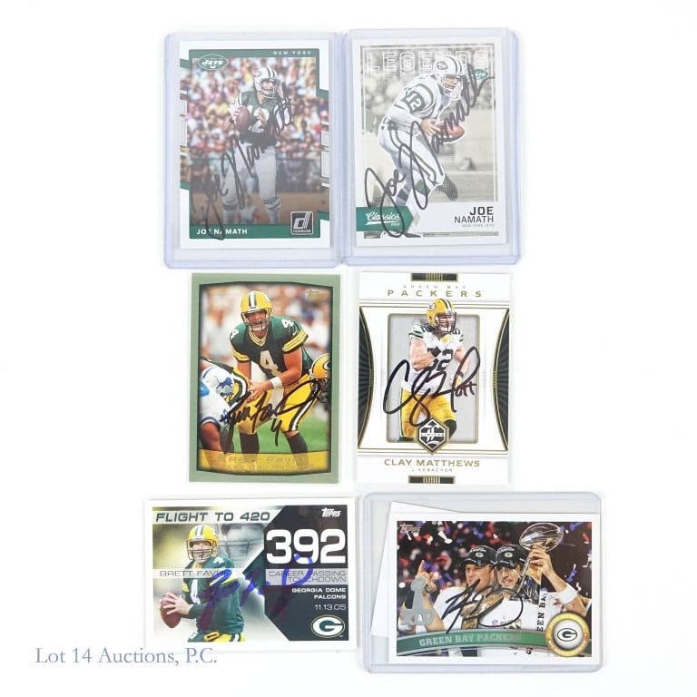 Favre Namath Matthews Rodgers Signed Cards: A total of six signed football cards. Two cards signed by Brett Favre, two cards signed by Joe Namath, one card signed by Clay Matthews, and one card signed by Aaron Rodgers. All six cards have a COA