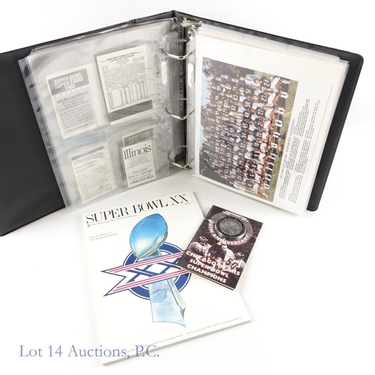 Binder With Chicago Bears Super Bowl XX Cards: Binder filled with a bunch of football cards primarily of players from the Super Bowl XX team. There is also a program from Super Bowl XX as well as a DVD or CD containing the Super Bowl Shuffle. We a