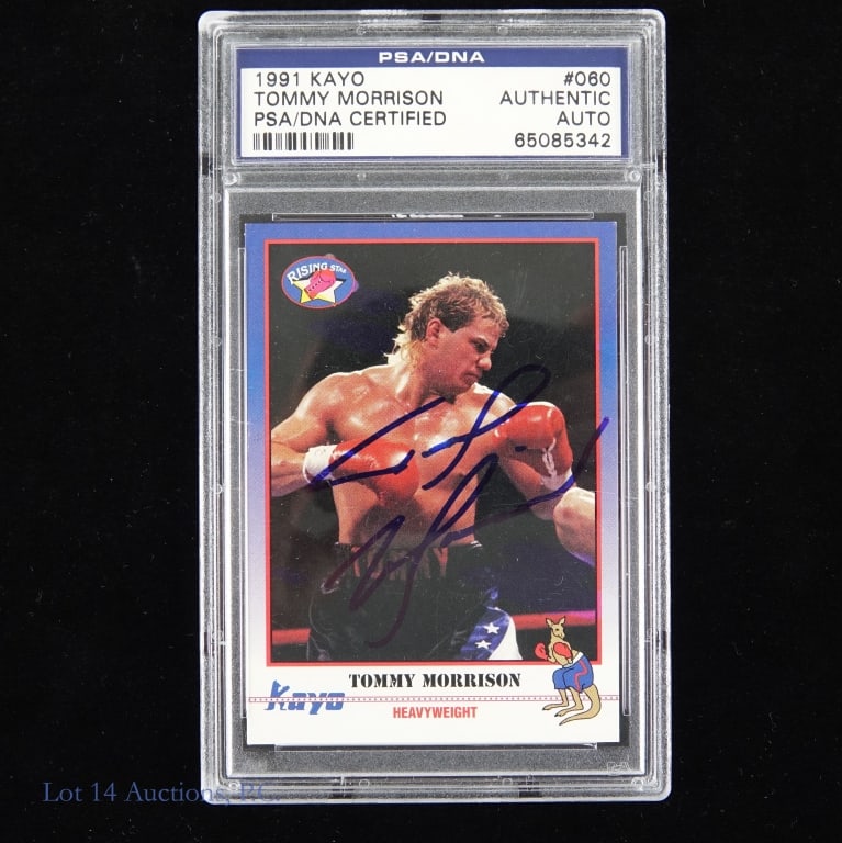 1991 Kayo #060 Boxer Tommy Morrison Signed Card: 1991 Kayo card #060 signed by Tommy Morrison. PSA/DNA certification (65085342), however, we did look the PSA certification number up on the PSA web site and the number could not be found. NOTE: We ema
