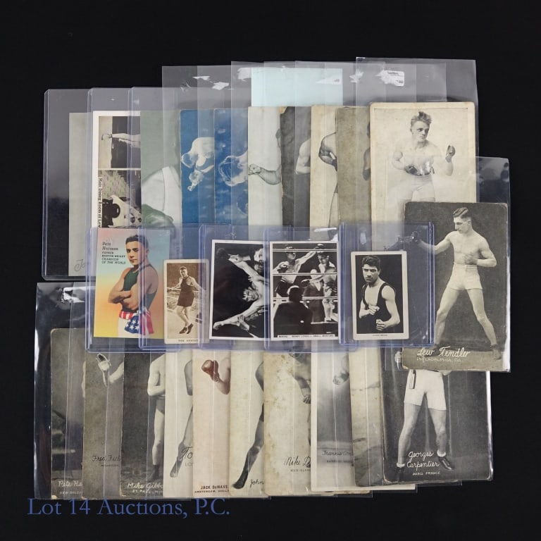 Boxing Postcards, Exhibit & Picture Cards (24): 24 postcards, picture cards, tobacco cards, and exhibit cards featuring boxing. Some carry early 1920s copyrights. Condition varies. Boxers include: Gunnar Barlund, Johnny Brown, Georges Carpentier, F