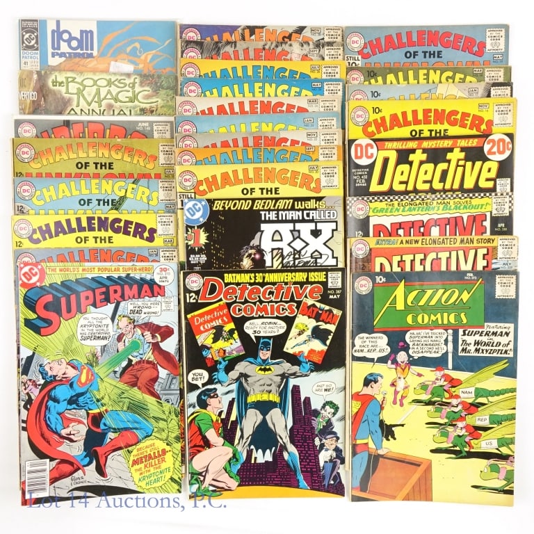 10 & 12 c. Comics, Action, Detective, DC (+24): 10 & 12 c. Comics, Action, Detective, DC (+24). Collection of mainly 10 and 12 cent comic books from DC publishing. Challengers of the Unknown #16-32. Detective Comics #29, 350, 387 (KEY) & 432. Actio