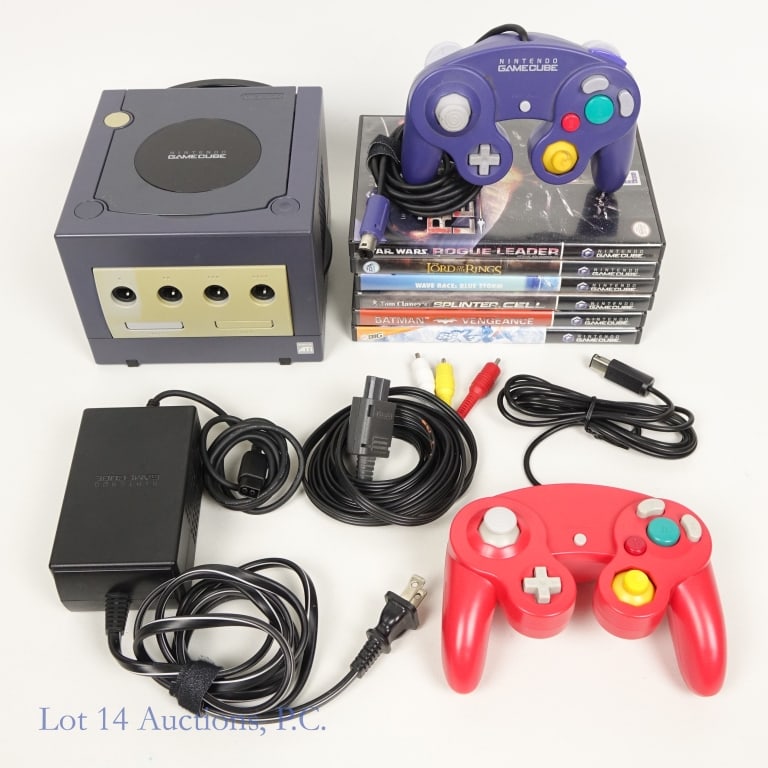 Nintendo Gamecube & Games (6): Nintendo Gamecube & 6 Games. Includes: 2 controllers, AV cables, and AC adapter. SN: DS900598157. Tested and working. Games include: SSX 3, Batman Vengeance, Tom Clancy's Splinter Cell: Stealth Action