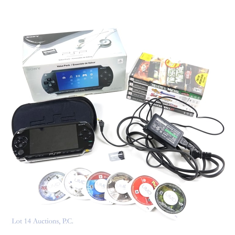 PlayStation Portable Console & Games (11): PlayStation Portable Console & 11 Games. Includes: AC adaptor, 32 MB memory stick card, soft case, and original box. Model PSP 1001. SN: PP214888760. Tested and working, but needs new battery. Games i