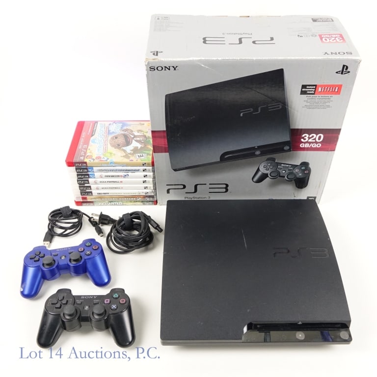 PlayStation 3 Console & Games (8): PlayStation 3 Console (320 gigabyte) & 8 Games. Includes: 2 controllers and original box. SN: CG916109040. Tested and working. Games include: NCAA Football 11, NCAA Football 12, FIFA Soccer 13, Unchar