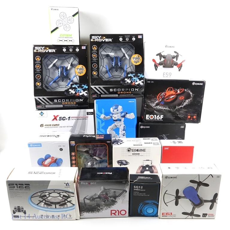 Drone Collection - NOS (15+1): 15 remote controlled drones - all new old stock. Not tested - sold as is. (2x) Sky Rover Scorpion Drone. ***** Cady Winda Intellectual Gesture Control Robot *** Bayangtoys X5C-1 Upgraded 2.4G RC quadc