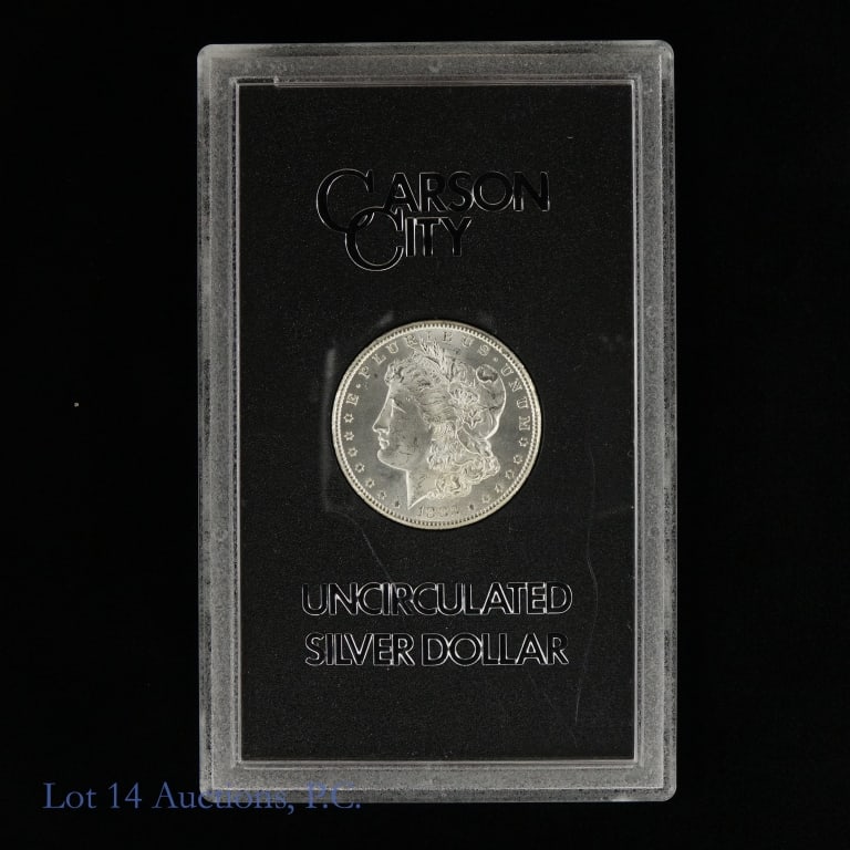 1883-CC USA Silver Morgan Dollar (GSA): 1883-CC United States silver Morgan dollar (Carson City Mint) in GSA holder, but does not include the original box or COA. Designer is George T. Morgan. Metal is 90%-silver. Mintage is 1,204,000 with 