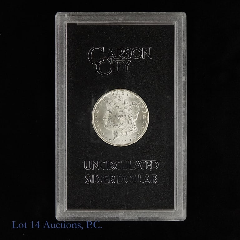 1884-CC USA Silver Morgan Dollar (GSA): 1884-CC United States silver Morgan dollar (Carson City Mint) in GSA holder, but does not include the original box or COA. Designer is George T. Morgan. Metal is 90%-silver. Mintage is 1,136,000 with 