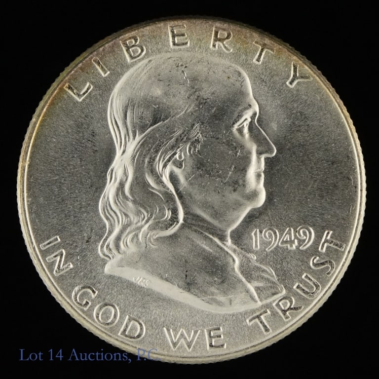 1949 (P) USA Silver Franklin Half Dollar (*CH BU): 1949 (P) United States silver Franklin half dollar (Philadelphia Mint). Designer John R. Sinnock. *Per consigner, grades CH BU with FBL, super clean fields and blazing original luster. Metal is 90% si