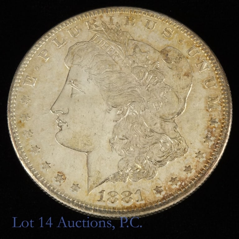 1881-S USA Silver Morgan Dollar (BU+ P/L): 1881-S United States silver Morgan dollar (San Francisco Mint). Designer is George T. Morgan. Per consigner, in BU+ P/L condition with beautiful light toning. Metal is 90%-silver and weighs 26.73 gram