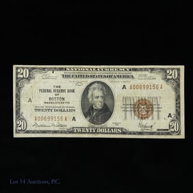1929 USA $20 Federal Reserve Bank Note Brown Seal