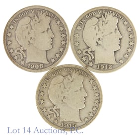 1908 - 1915 USA 90%-Silver Barber Half Dollars (3)