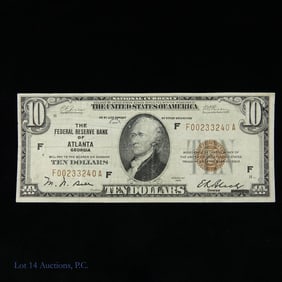 1929 USA $10 Fed Resv Bank Note Brown Seal - CAU